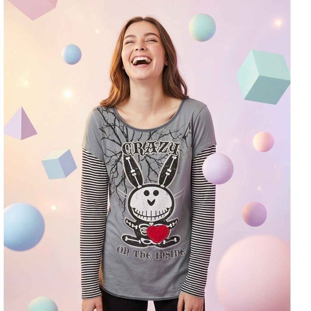 Jim Benton XL It's Happy Bunny Crazy‎ On The Inside Gray Striped Y2K Shirt